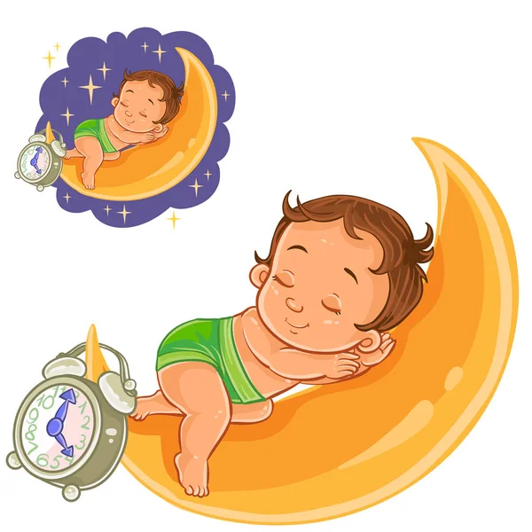 Vector baby in a diaper is sleeping on the moon — Stock Vector