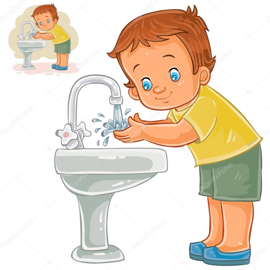 Vector little boy washes his hands with water from a tap