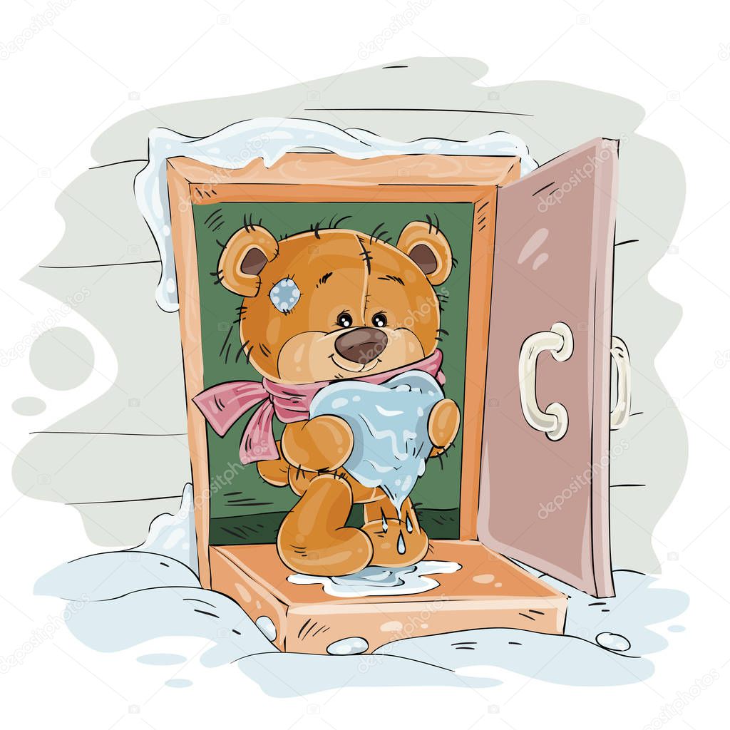 Vector brown teddy bear standing on the porch of the house and holding in its paws a melting snowy heart
