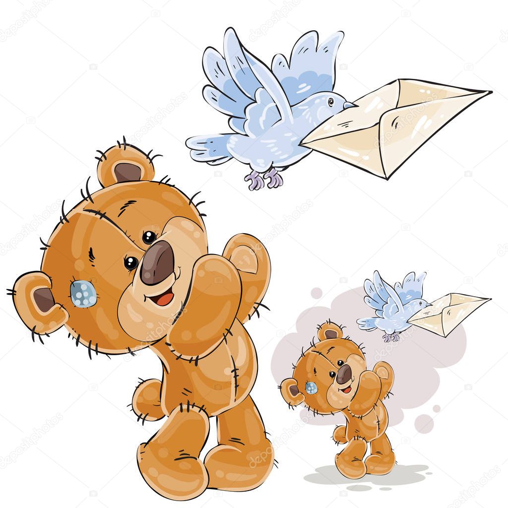 Vector illustration of a brown teddy bear sends a letter in a mail envelope using a mail pigeon