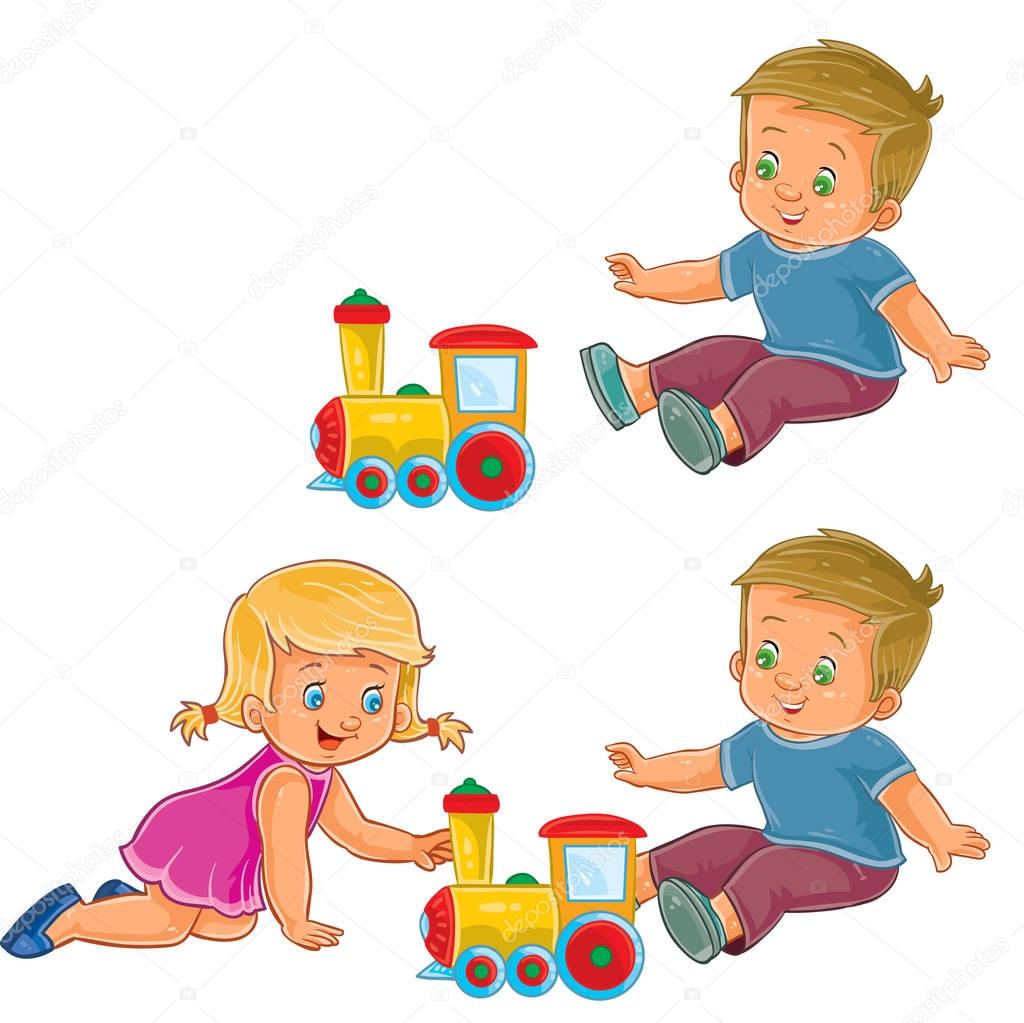 Vector little girl and boy playing with a steam locomotive