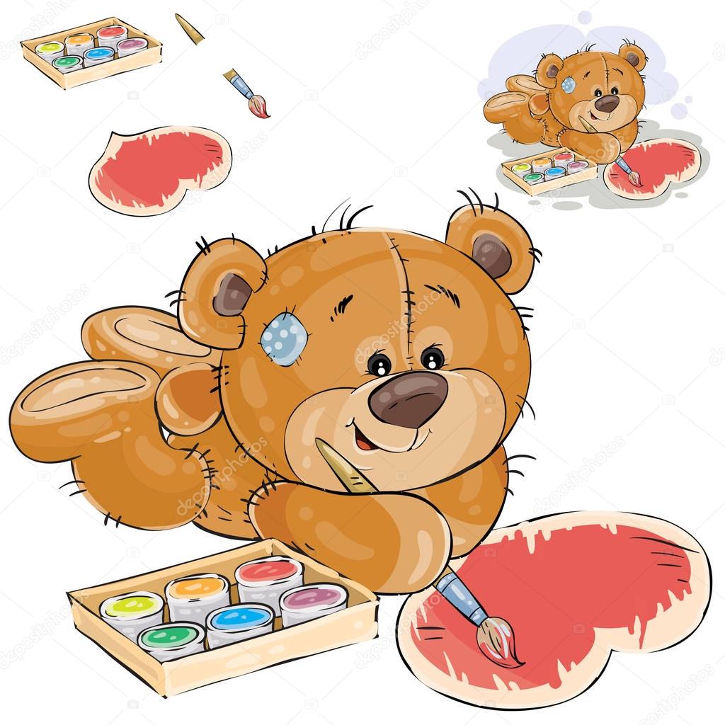 Vector illustration of a brown teddy bear paints a heart with a brush and a red paint