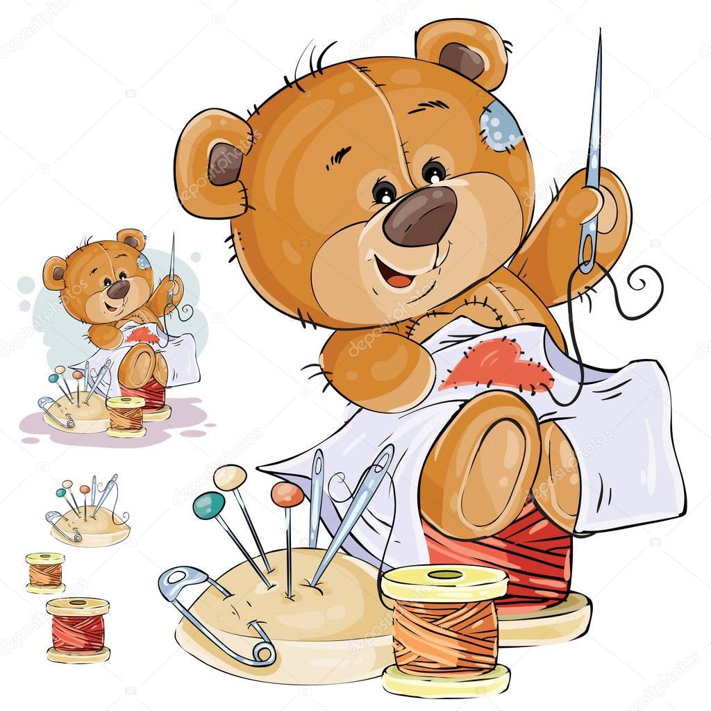 Vector illustration of a brown teddy bear tailor sews a red patch in the shape of a heart