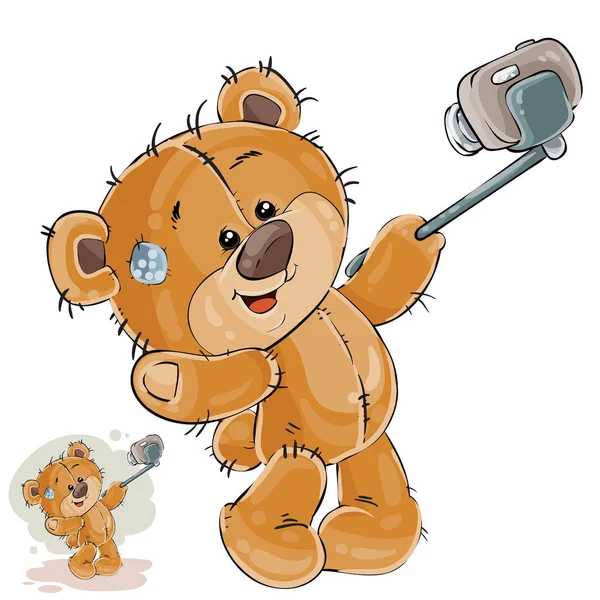 Векторна ілюстрація коричневого плюшевого ведмедя робить своє селфі фото на смартфоні — стоковий вектор
