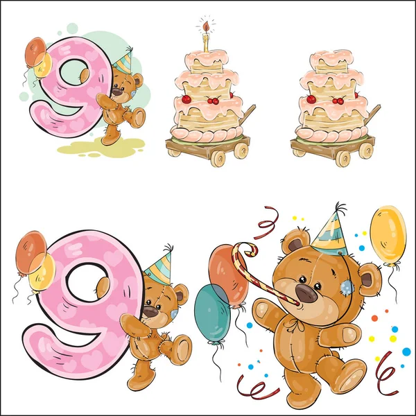 Vektor-Illustrationen mit braunem Teddybär, Geburtstagstorte und Zahl 9. — Stockvektor