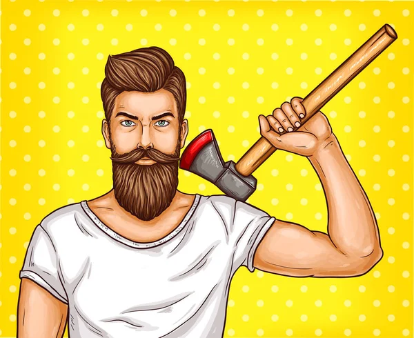 Vector pop art brutal bearded man, macho with an ax in his hand — Stock Vector