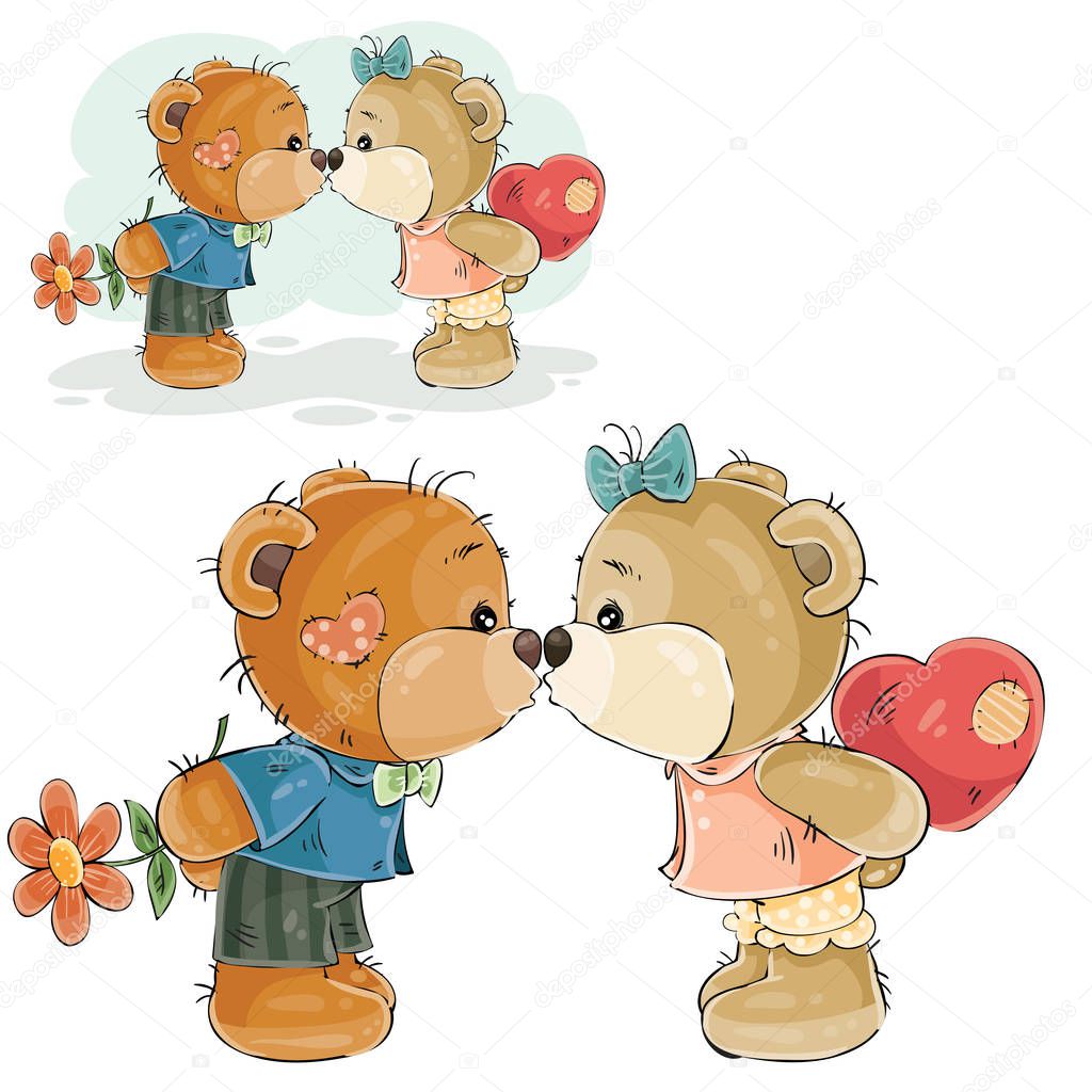 Vector illustration of a pair of brown teddy bears boy and girl kissing, declaration of love