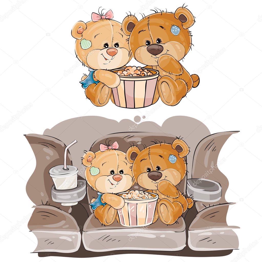 Vector illustration of a couple of brown teddy bears sitting in the cinema hall and watching a movie