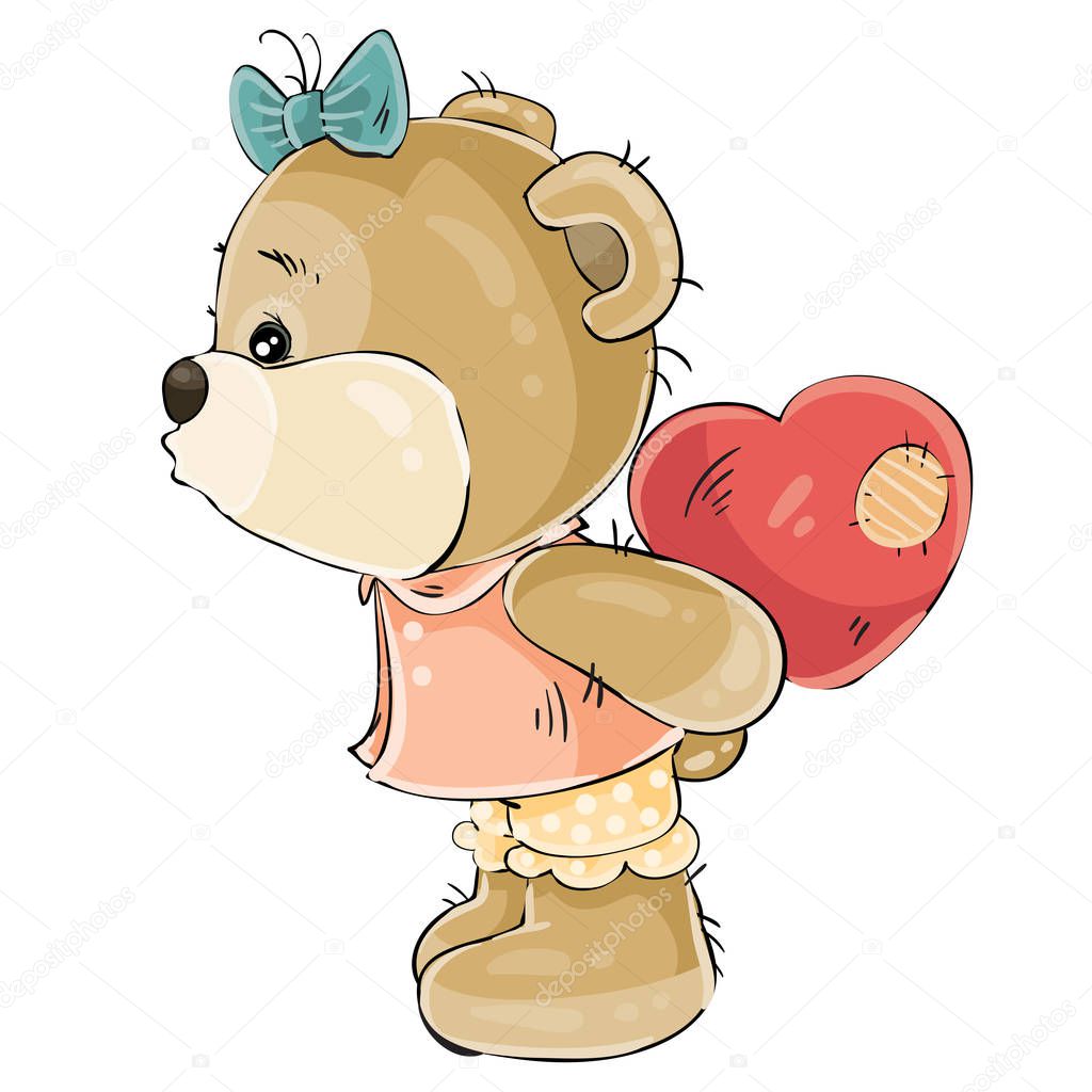 Vector illustration of a loving brown teddy bear girl hiding behind her plush red heart and about to kiss someone