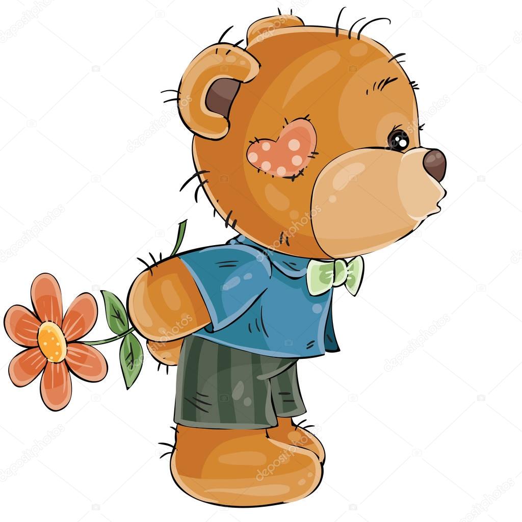 Vector illustration of a loving brown teddy bear boy hides behind a flower and is going to kiss someone