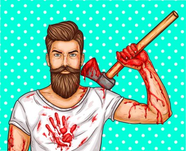Vektör pop sanat acımasız kanlı balta, kanlı çizgiler ve lekeler el ve bir T-shirt üzerinde lekeli adam sakallı
