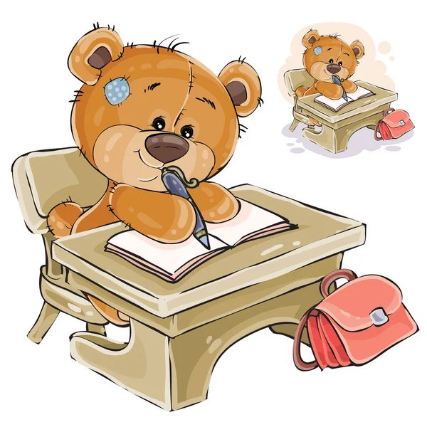 Ilustración vectorial de un osito de peluche marrón sentado en el escritorio del estudiante y escribiendo algo en un cuaderno — Vector de stock