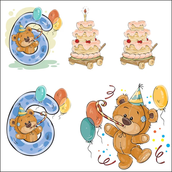 Set di illustrazioni vettoriali con orsacchiotto marrone, torta di compleanno e numero 6 . — Vettoriale Stock