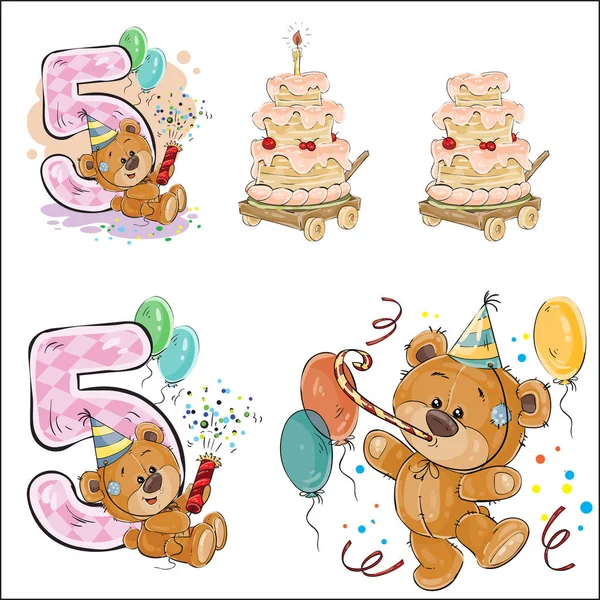Uppsättning vektor illustrationer med brun nallebjörn, födelsedagstårta och nummer 5. — Stock vektor