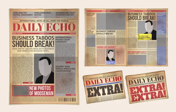 Vecteur vieux modèle de journal quotidien, tabloïd, mise en page signalant reportage — Image vectorielle