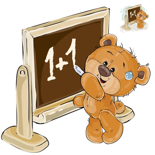 矢量图的棕色的玩具熊是站在黑板上，是上的用粉笔写字 — 图库矢量图片