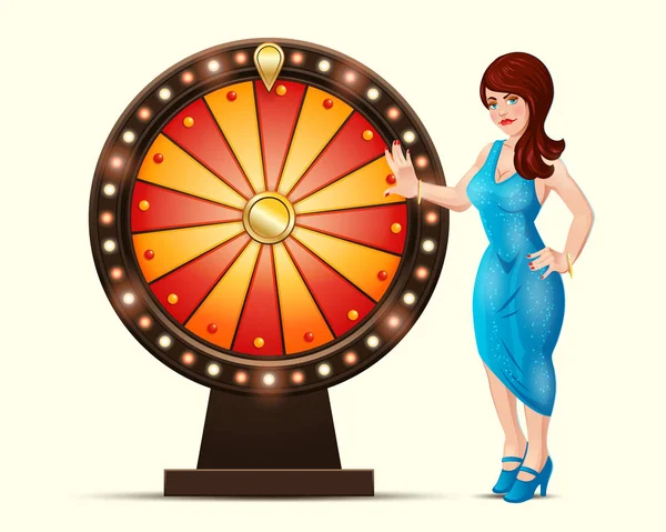 Vector cartoon illustration of a lucky woman turns glowing wheel fortune — Stock Vector