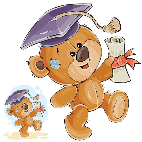 Vector illustration of a cheerful brown teddy bear in the graduation cap holding in his paw a university diploma — Stock Vector