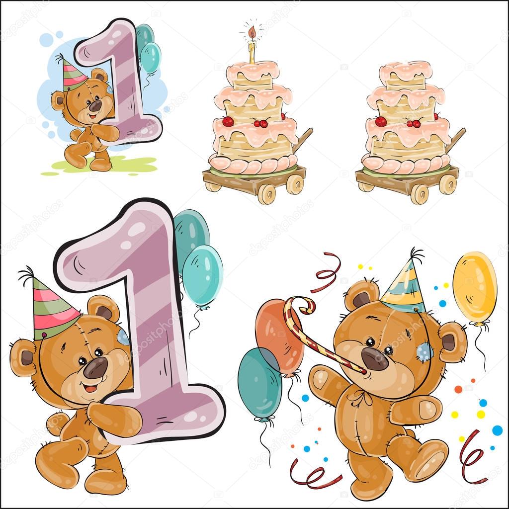 Set of vector illustrations with brown teddy bear, birthday cake and number 1.