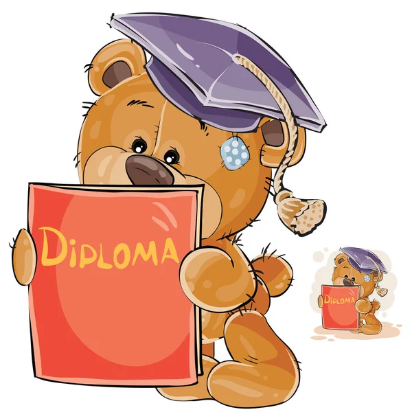 Vector illustration of a cheerful brown teddy bear in the graduation cap holding in his paws a university diploma — Stock Vector