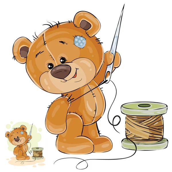 Illustrazione vettoriale di un sarto marrone dell'orsacchiotto che tiene nel suo ago e filo della zampa, cucito — Vettoriale Stock
