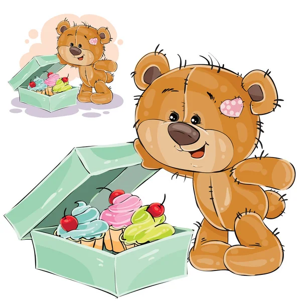 Vectorillustratie van een zoetekauw bruin teddybeer opende een doos van taarten — Stockvector