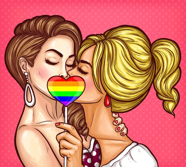 Vektor Pop Art lesbisches Paar küsst und bedeckt ihre Lippen mit einem Zeichen auf einem Stick in Form eines Regenbogenherzens — Stockvektor