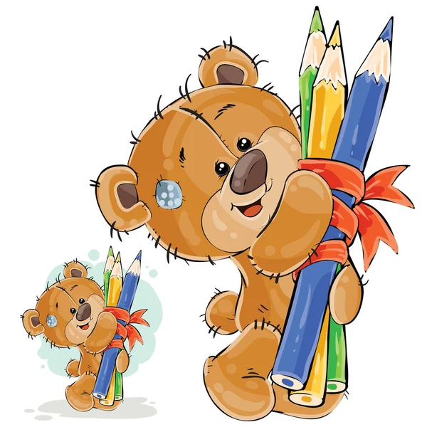 Векторна ілюстрація коричневого плюшевого ведмедя, що тримає в лапах купу олівців — стоковий вектор