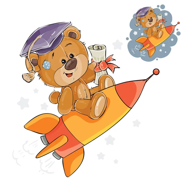 Vektorillustration av en glad brun nallebjörn i examen cap flugor på en raket in i vuxenlivet, en metafor — Stock vektor