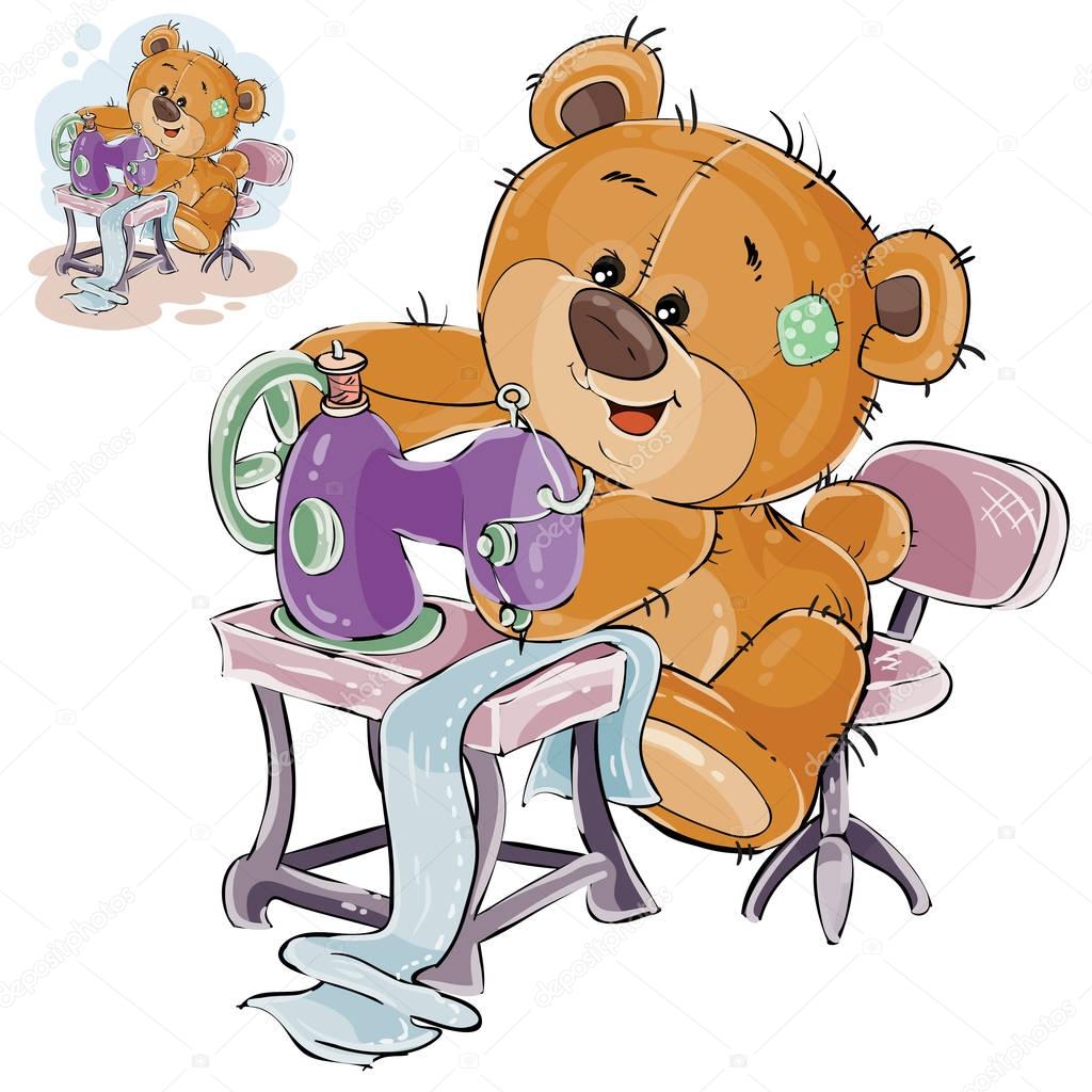 Vector illustration of a brown teddy bear tailor sews something on a sewing machine, needlework