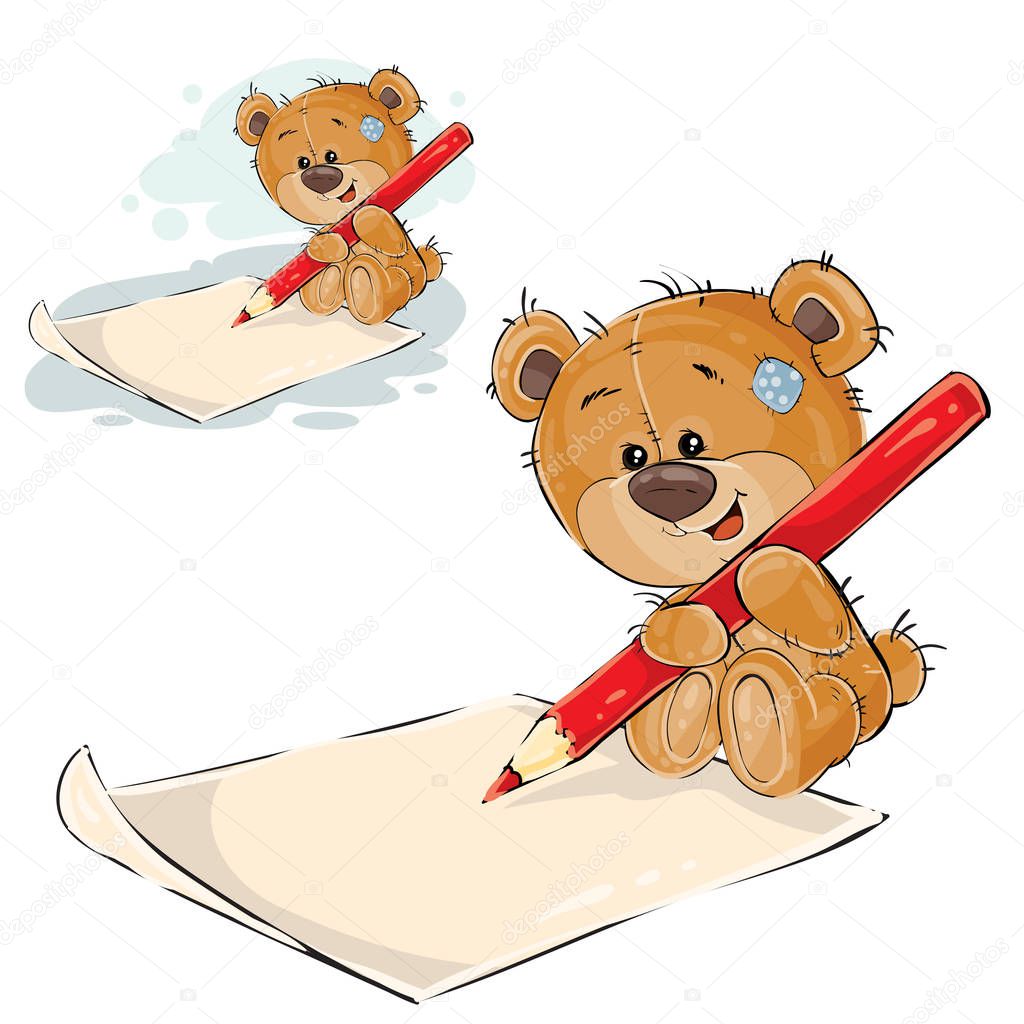 Vector illustration of a brown teddy bear holding a pencil in his paws and writing it on a paper