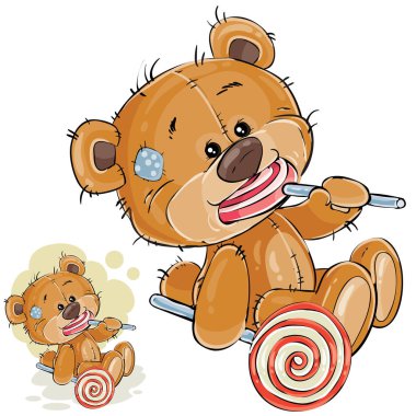 Kahverengi ayıcık vektör çizim içinde onun paws tutarak ve lolipop yemek