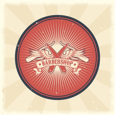 Vektör vintage rozet, etiket, ustura ve kanatlar berber dükkanı için işaretiyle