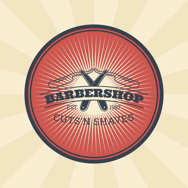 Vector insignia vintage, etiqueta engomada, signo con navaja de afeitar para barbería — Vector de stock