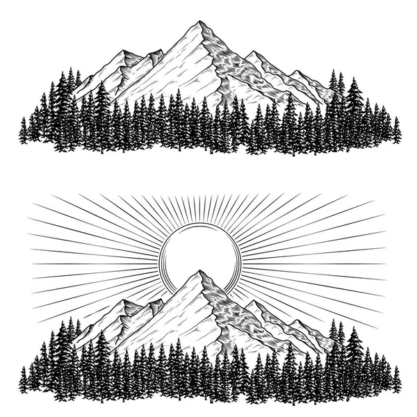 Handgezeichnete Vektorillustrationen der Berge mit einem Nadelwald darauf und der Sonne — Stockvektor