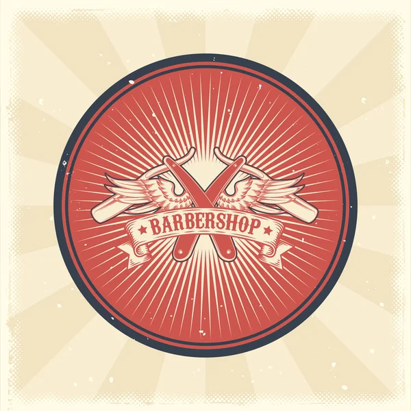 Vector insignia vintage, pegatina, signo con navaja de afeitar recta y alas para barbería — Vector de stock