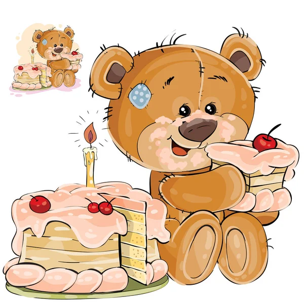 Ένα αρκουδάκι καφέ γλυκό δόντι τρώγοντας ένα κομμάτι τούρτας γενεθλίων εικονογράφηση φορέας — Διανυσματικό Αρχείο