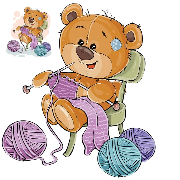 Vektor-Illustration eines braunen Teddybären, der auf einem Stuhl sitzt und mit Stricknadeln etwas strickt, Basteln — Stockvektor