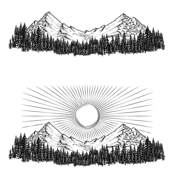 Rukou kreslené vektorové ilustrace horami s jehličnatými lesy na ně a slunce — Stockový vektor