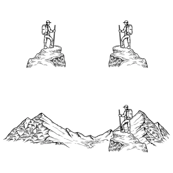 Ilustraciones vectoriales dibujadas a mano las montañas con un turista — Archivo Imágenes Vectoriales