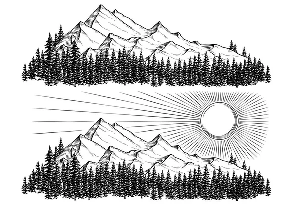 Vetor desenhado à mão ilustra as montanhas com uma floresta de coníferas sobre eles e o sol —  Vetores de Stock