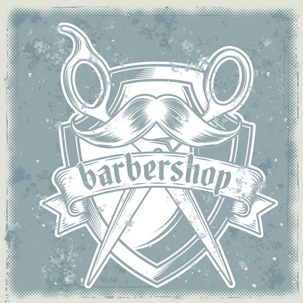 Emblema vintage vetor, adesivo, sinal com tesoura de cabeleireiro e bigode para barbearia — Vetor de Stock