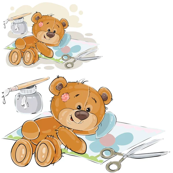 Vector illustration of a brown teddy bear glues a scrapbook applique, handmade — Stock Vector