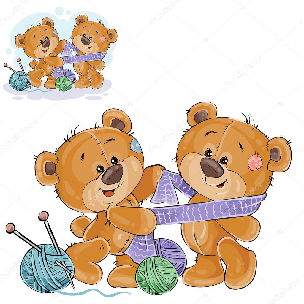 Vector illustration of a brown teddy bear tie a knitted scarf on the neck of another teddy bear