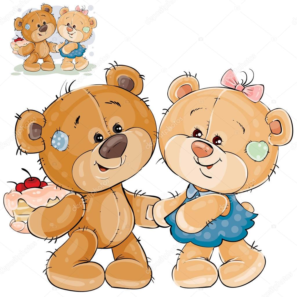 Vector illustration of a brown teddy bear holding a cake behind his back and wants to treat them to his girlfriend