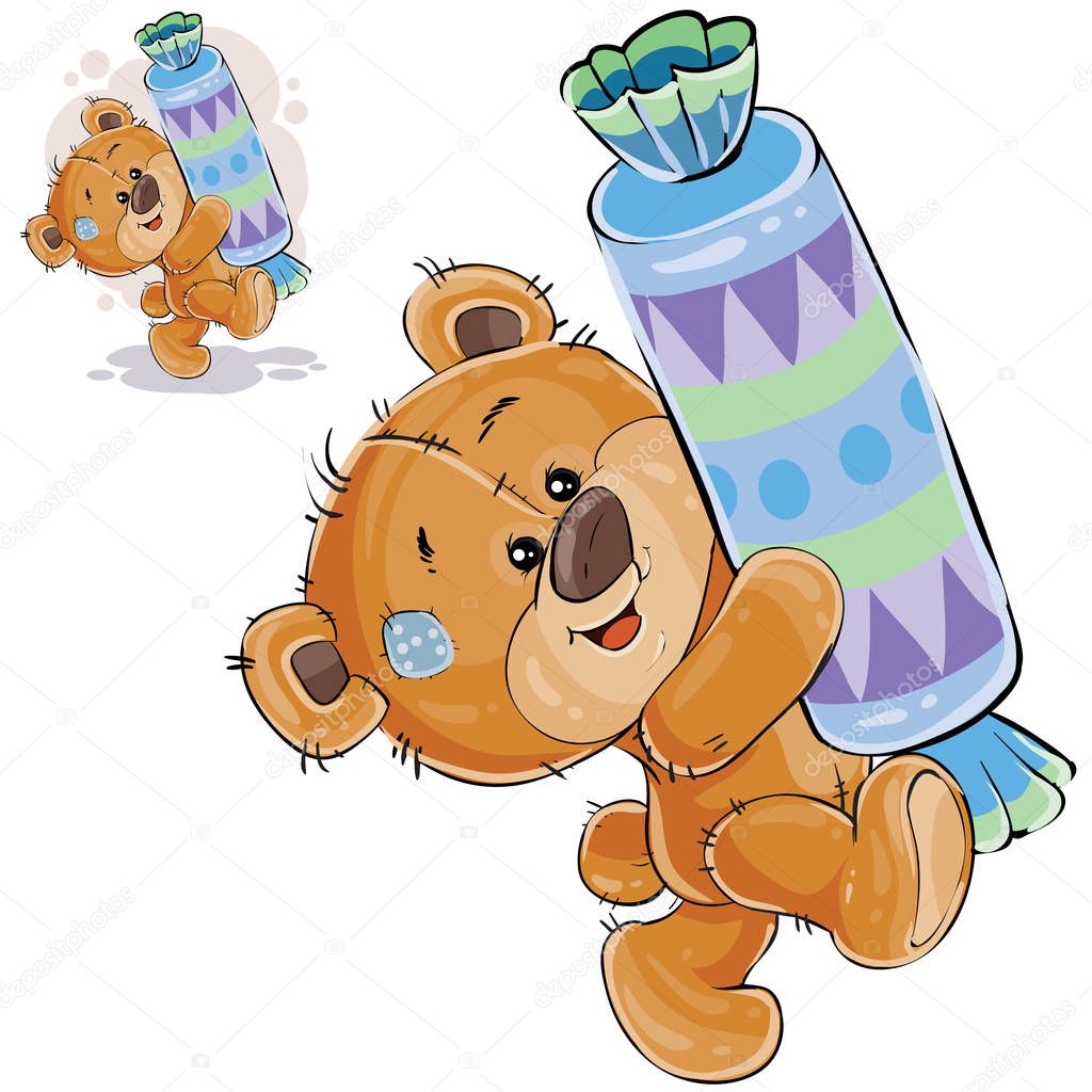 Vector illustration of a brown teddy bear sweet tooth holding in its paws a big candy and carries it somewhere