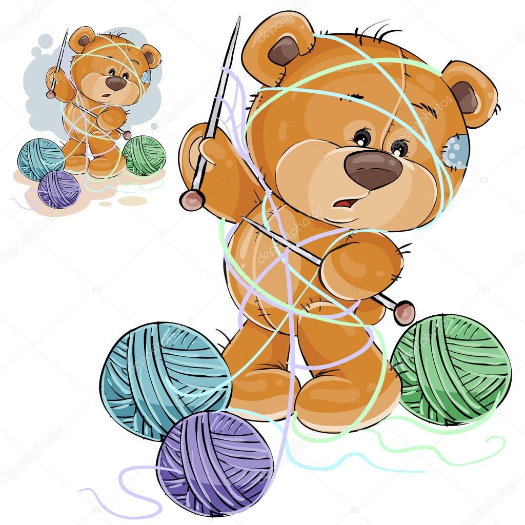 Vector illustration of a brown teddy bear holding a knitting needle in its paw and tangled in threads