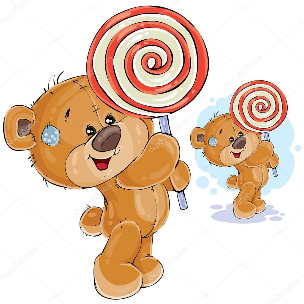 Vector illustration of a brown teddy bear keeps in its paws lollipop