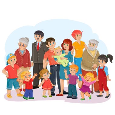 Vektör büyük mutlu bir aile - büyükbabası, büyük-büyükanne, büyükbaba, büyükanne, baba, anne, kızı ve oğlu