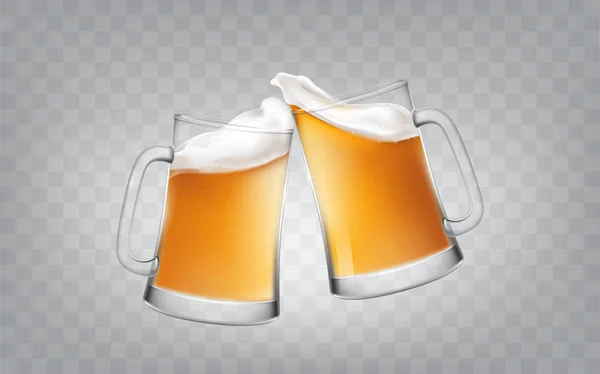 Ilustracja wektorowa, szkła realistyczny styl dwa opiekania kubki z piwem, okrzyki szklanki piwa. — Wektor stockowy